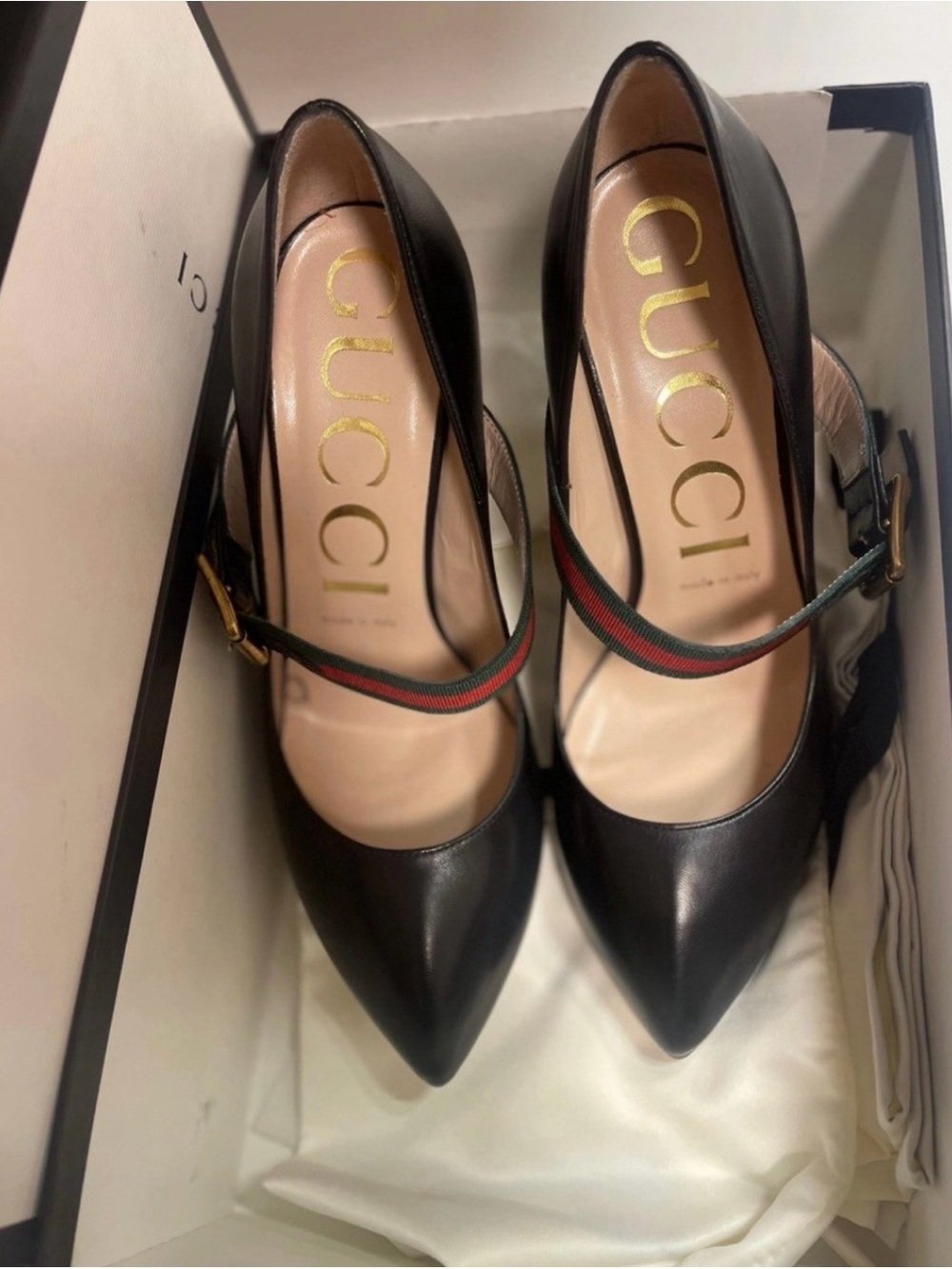 Gucci Black Leather Pointed-Toe High Heels with Signature Web Strap - Picture 8 of 12